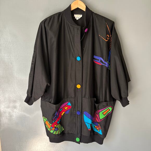 Vintage 80's SILKSCAPES Women's OS Black Embroidered Unique Jacket Shoes Color